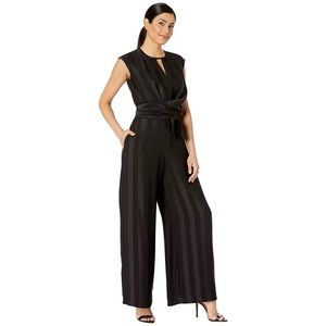 Maggy London Matte Shine Stripe Cocktail Jumpsuit Black